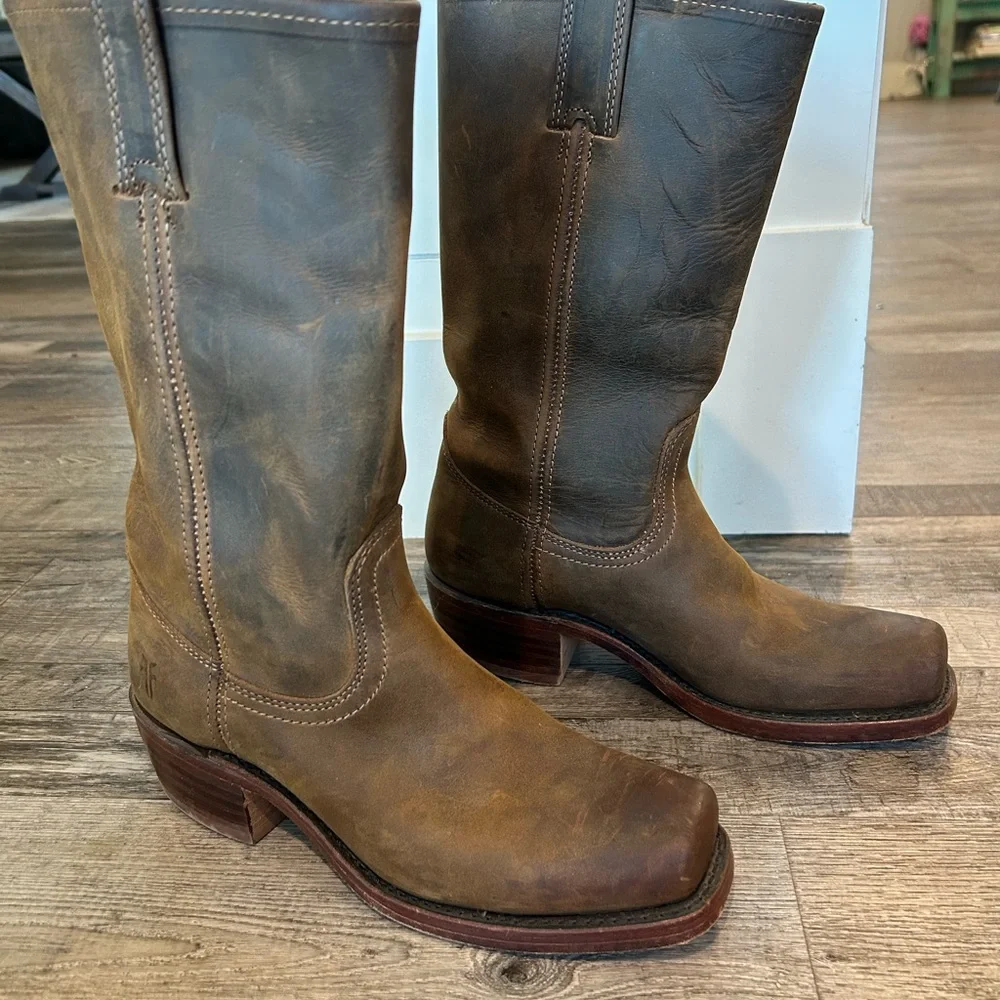 $545 Frye Campus 12L Dark Brown Tan Leather Vintage Distress Square Cowboy Boot